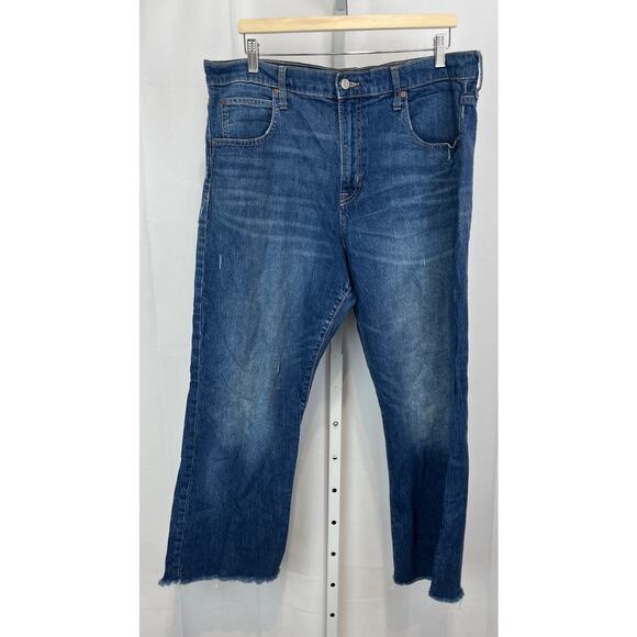 GAP High Rise Ankle Flare Jeans Raw Hem Zip Fly Medium Indigo Wash Blue 16 33 - Picture 1 of 12